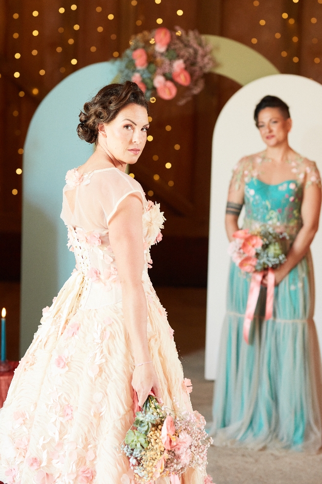 bride in pale pink gown