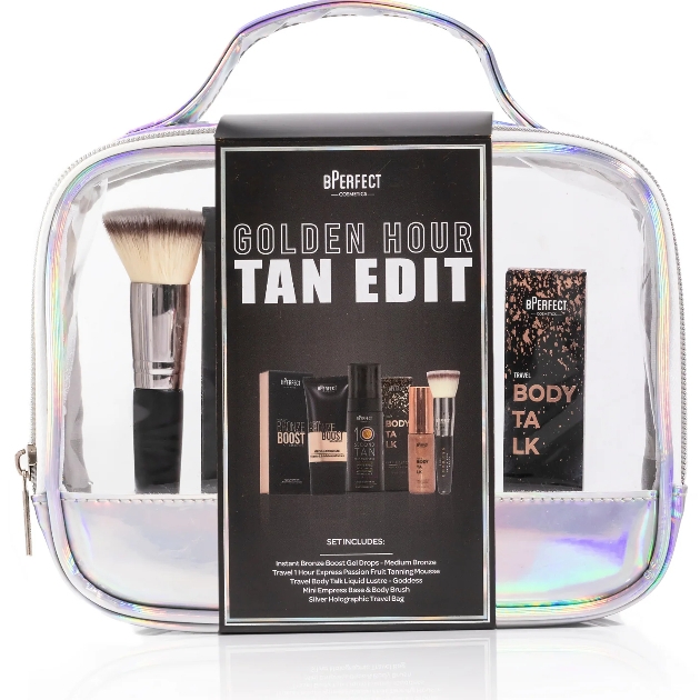 clear make up bag filled with tanning products